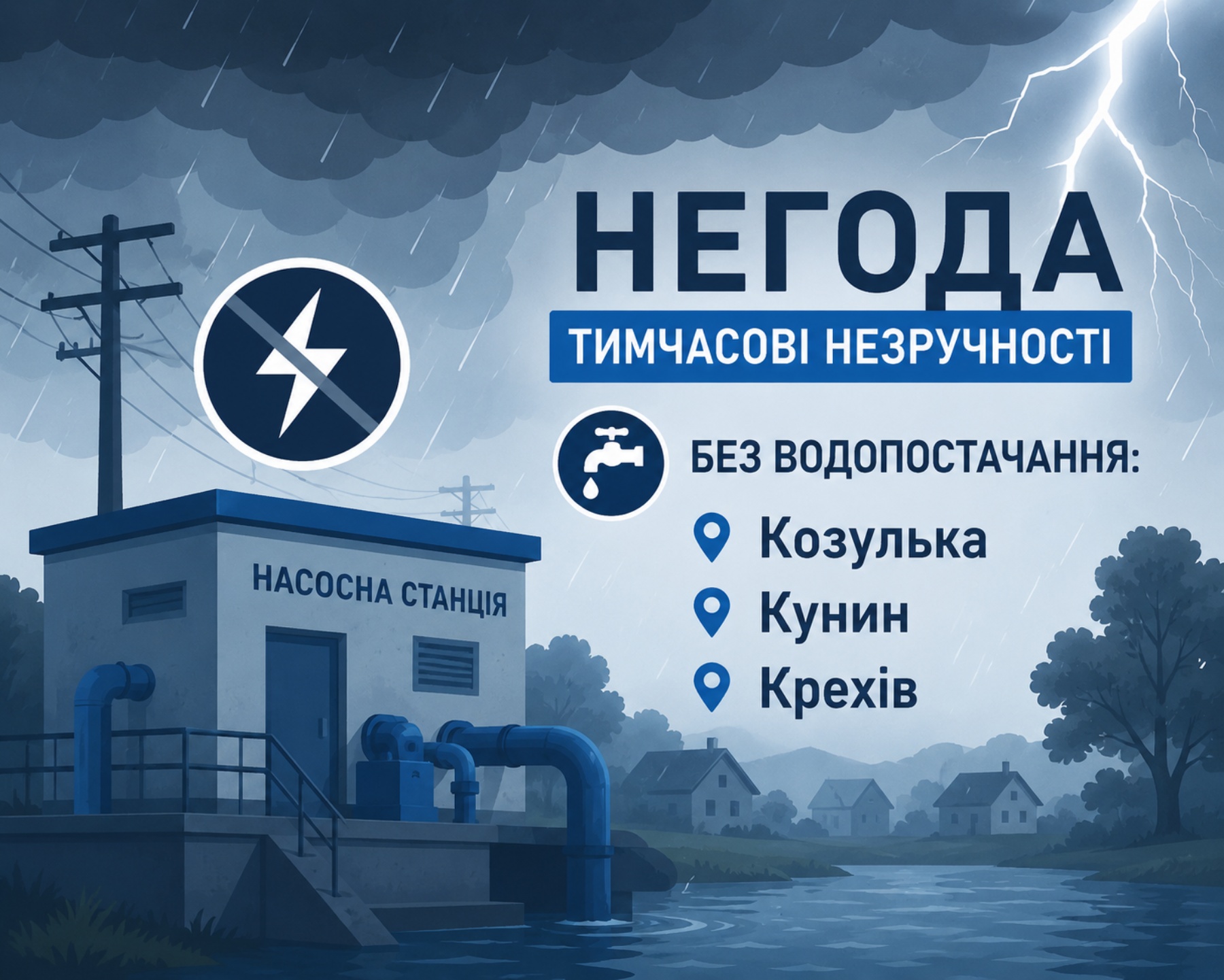 У зв’язку з негодою та аварійними відключеннями електроенергії 14.07  тимчасово знеструмлені насосні станції КП !